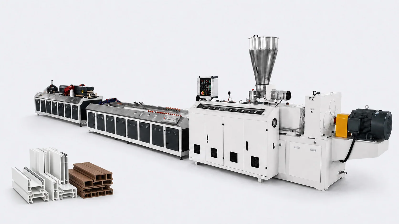 Plastic profile extrusion line