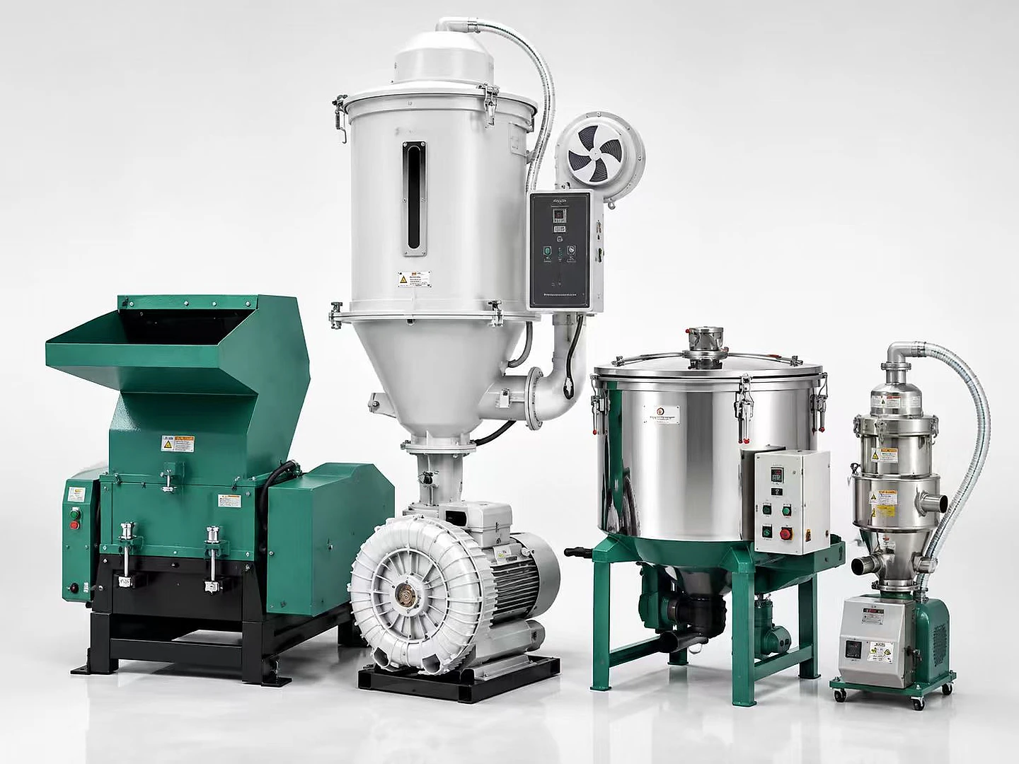Plastic processing auxiliary equipment including crusher, dryer and mixer