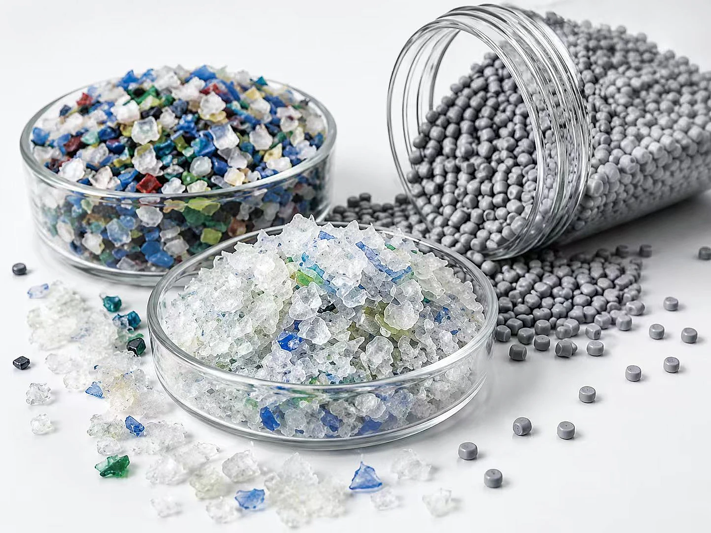 Recycled plastic flakes and finished plastic pellets