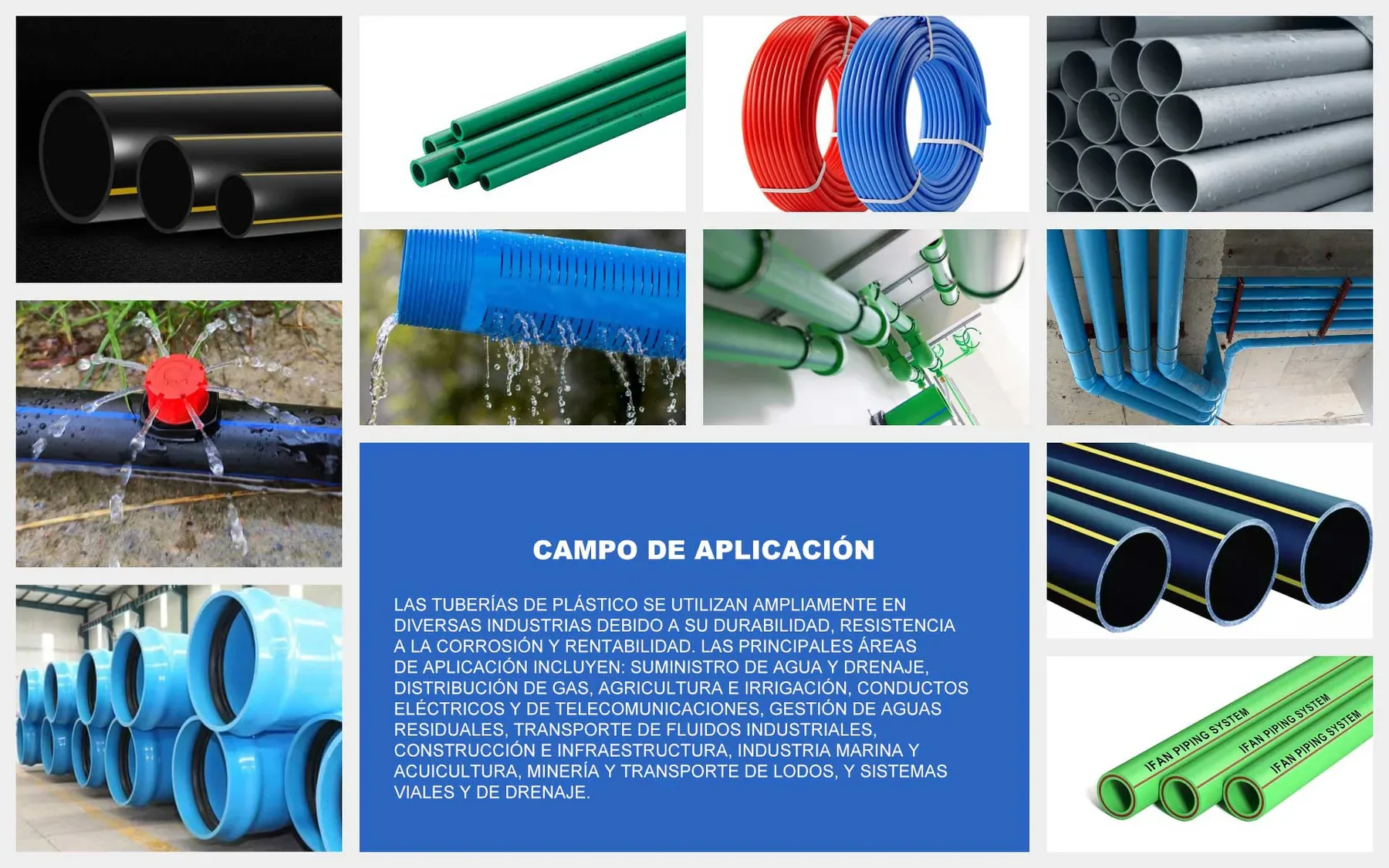 Aplicaciones de tuberías plásticas para agua, gas, riego e infraestructura Aplicaciones de tuberías plásticas para agua, gas, riego e infraestructura