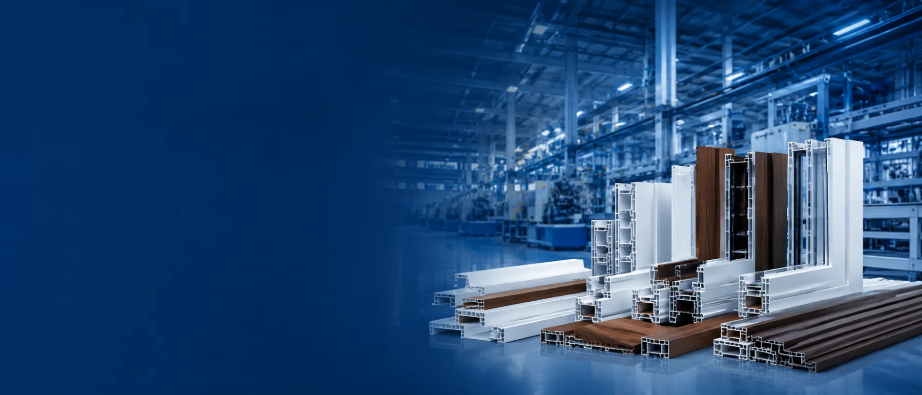 PVC and WPC profile samples in a plastic profile extrusion factory