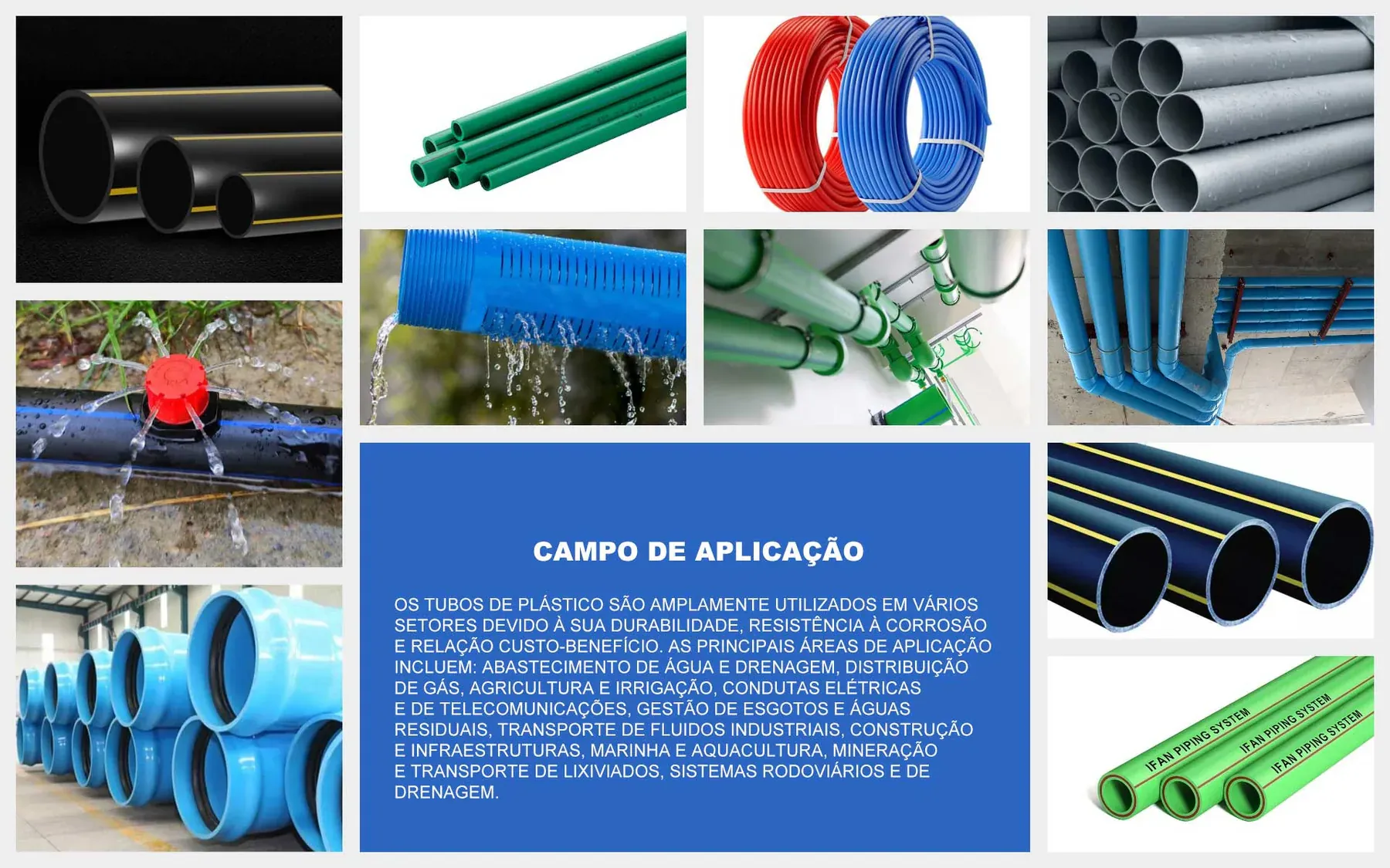 Aplicações de tubos plásticos para água, gás, irrigação e infraestrutura Aplicações de tubos plásticos para água, gás, irrigação e infraestrutura