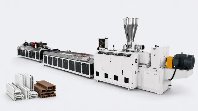 Plastic profile extrusion line