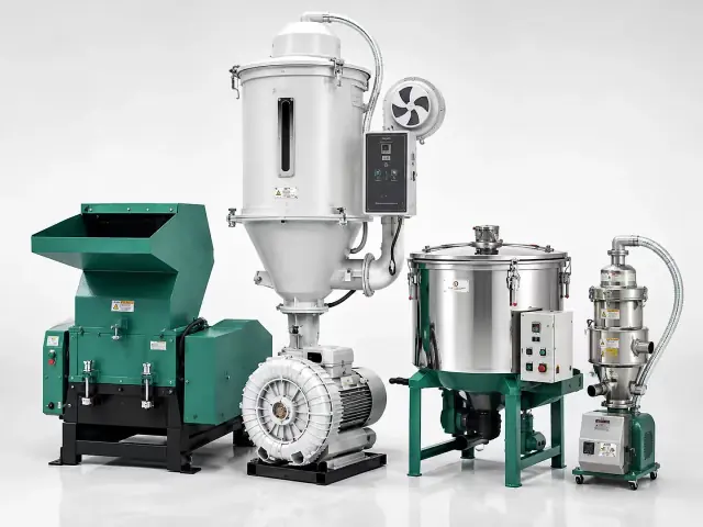 Plastic processing auxiliary equipment including crusher, dryer and mixer