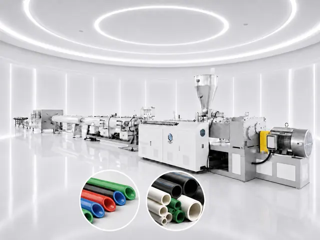 Plastic pipe extrusion line with finished HDPE, PPR and PVC pipes
