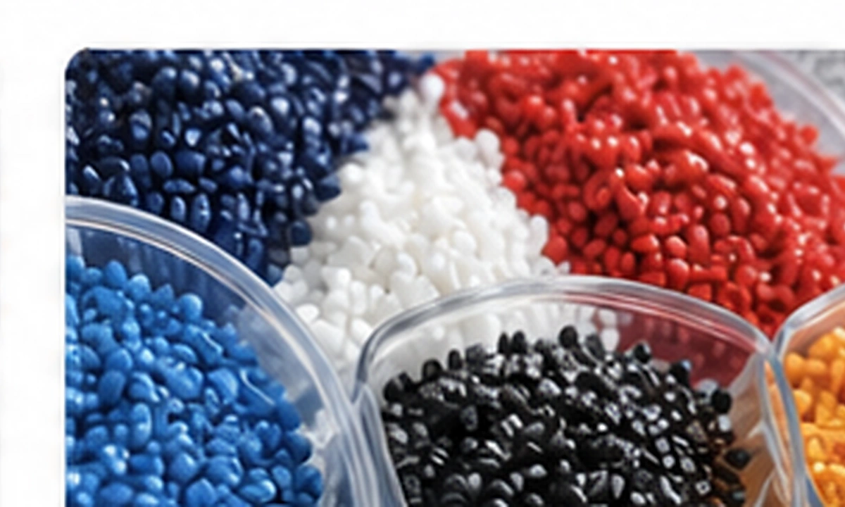 Colorful plastic granules in containers Colorful plastic granules in containers
